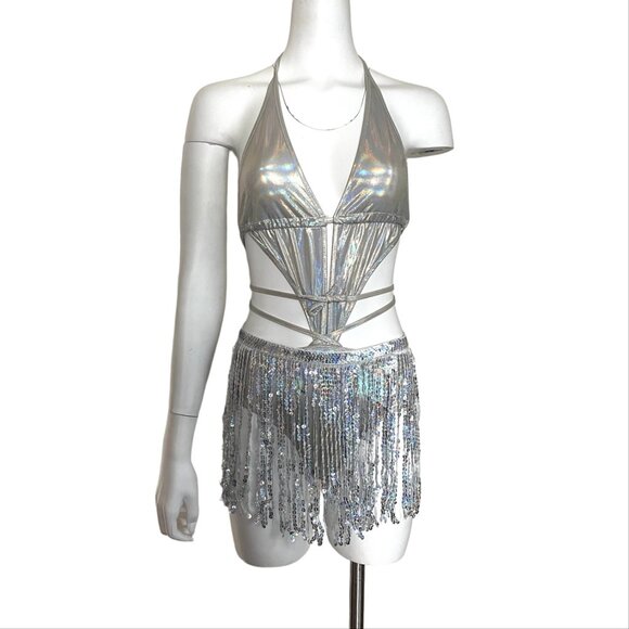 NWT Shein Hologram Tie Up  bodysuit Rave Festival Burning Man - Picture 8 of 10